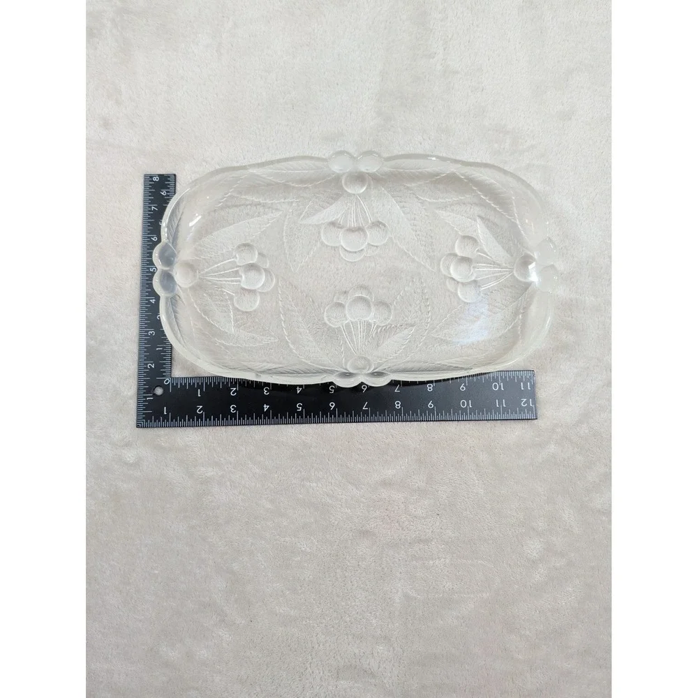 Vintage Frosted Art Glass Tray Cherry Berry Relief French Art Deco Lalique Style